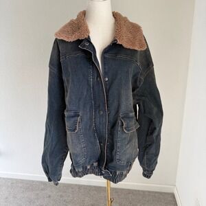 Current Mood Dolls Kill Washed Denim Bomber Sherpa Collar‎ Jacket Large Grunge